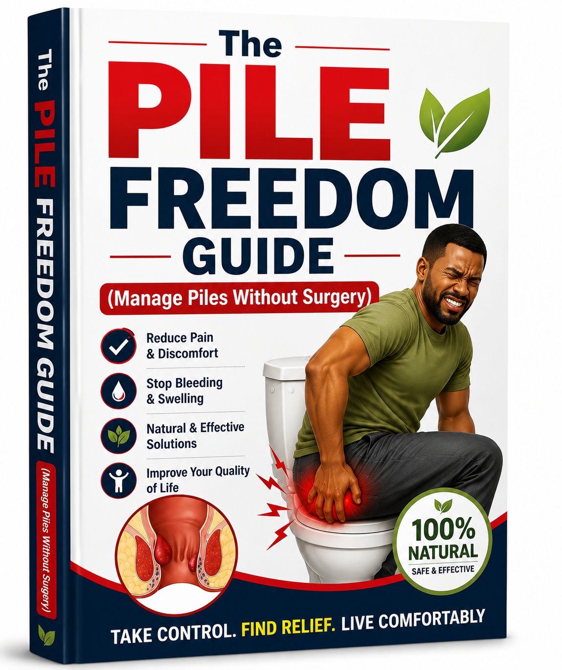 The Piles Freedom Guide — 3D book cover mockup, manage piles without surgery